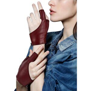 Women's Burgundy Fingerless Leather Driving Half Finger Gloves Halloween Design